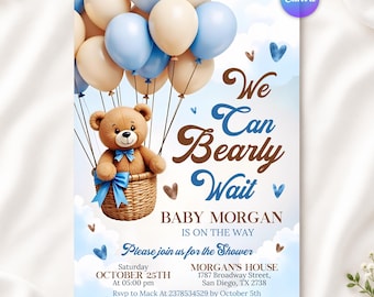 Blue Boy Boho Bear Baby Shower Invite, Bear Baby Shower Invitation We Can Bearly Wait Invitation, Teddy Bear Invitation, Editable Canva
