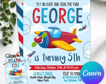 Airplane Birthday Invitation, Boys Pilot Party Invite, Flying Adventure Birthday, Kids Travel Theme, Editable Canva Template