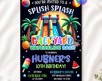 Waterglijbaan verjaardagsuitnodiging, jongen meisje splash party uitnodiging, splash verjaardagsfeestje, waterglijbaan bash, bewerkbare canva-sjabloon