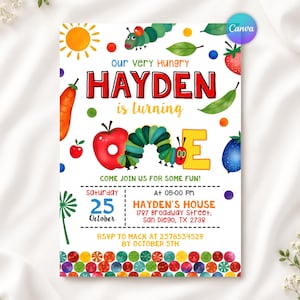 Könnte beinhalten: Eine Geburtstagseinladungskarte mit einer grünen Raupe, einem roten Apfel, einer gelben Sonne und verschiedenen Früchten. Der Text lautet: our very Hungry HAYDEN is turning ONE, COME JOIN US FOR SOME FUN! Saturday 25 October at 05:00 PM, HAYDEN'S HOUSE 1787 Broadway Street, San Diego, TX 2738, RSVP TO MACK AT 2378534529 BY OCTOBER 5TH.