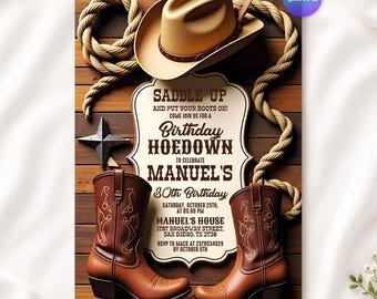 Hoedown Birthday Invitation, Saddle Up Country Western Party Invite, Cowboy Boots & Hat Theme, Editable Canva Template