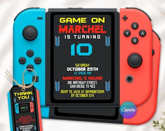May include: A video game console-themed birthday invitation card featuring a blue left controller and a red right controller. The central screen displays text: GAME ON MARCHEL IS TURNING 10, OCTOBER 25TH AT 04:00 PM, MARCHEL'S HOUSE, 216 BIRTHDAY STREET, SAN DIEGO, TX 423.