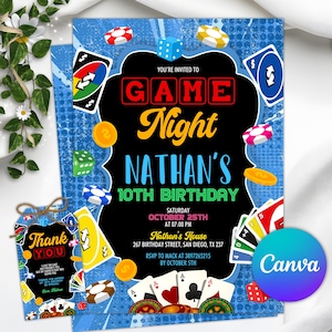 May include: A blue game night birthday invitation with the text "GAME Night NATHAN'S 10TH BIRTHDAY". The invitation includes playing cards, poker chips, dice, and gold coins. A matching thank you tag is also included.