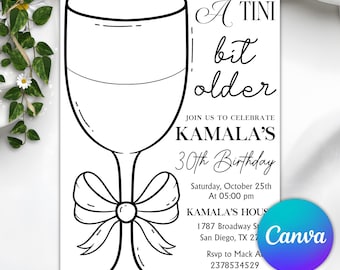 A Tini Bit Older Birthday Party Invitation, Black Bow Martini Themed Birthday Invite, Coquette Dirty Thirty, Editable Canva Template