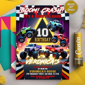 Editable Monster Truck Birthday Invitation, Monster Jam Birthday Party Invitation, Boom, Crash, It&#39;s a Monster Bash, Instant Download