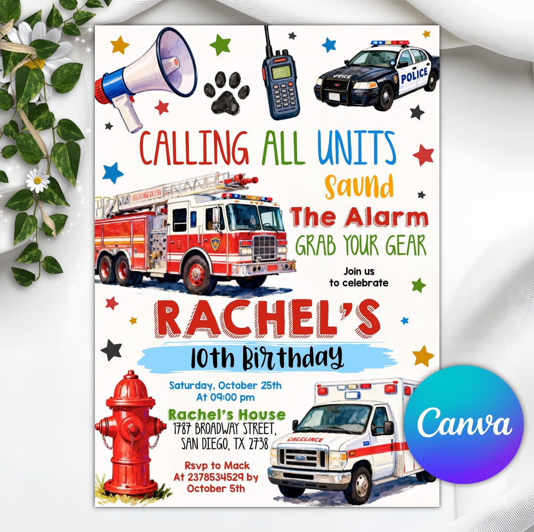 Emergency Vehicles Birthday Invitation, Fire Truck Police Car Ambulance ...