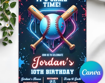 Baseball Ice Cream Drip Birthday Invitation, Baseball Ice Cream Neon Party, Baseball Drip Invite, Ice Cream Drip Invite, Editable Canva