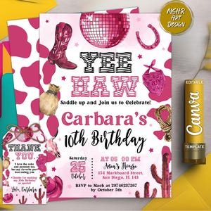 Cowgirl Birthday Invitation, Nashville Party, Pink Cowgirl Party Invite, Space Cowgirl Birthday, Disco Rodeo Invite, Editable Canva Template