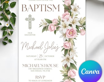 Invitación de bautizo con flores rosas, invitación de bautizo con flores silvestres, plantilla de invitación de bautizo con flores de primavera, invitación de bautizo imprimible con rubor