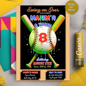 Baseball Drip Birthday Party Invitation, Baseball Birthday Invite, Baseball Drip, Softball Drip, Sports Party for Any Age, Editable Canva