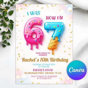 May include: A birthday invitation with the text "I WAS 67 NOW I'M" in a playful font. The numbers are designed as a donut and an ice cream cone. The invitation is for Rachel's 10th birthday, with date, time, and location.