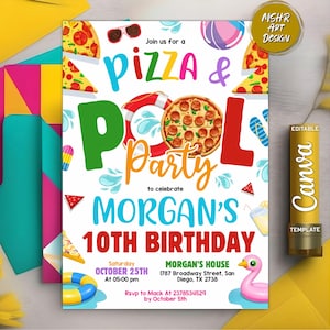 Pizza Pool Birthday Invitation, Pizza Pool Party Invite, Pool Birthday Party Invitation, Boy Girl Birthday Party, Editable Canva Template