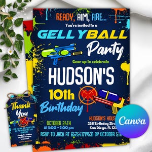Peut inclure: Une invitation à une fête Gellyball bleu marine avec des éclaboussures de peinture colorées. L'invitation comprend le texte "Ready, Aim, Fire..." et les détails de la fête du 10e anniversaire d'Hudson, y compris la date, l'heure et les informations RSVP. Une étiquette de remerciement assortie est également incluse.