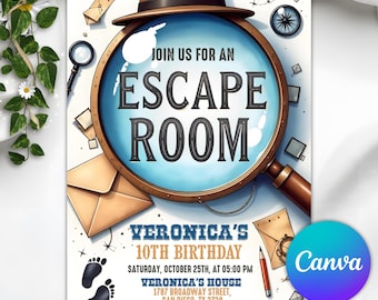 Invitación de cumpleaños editable para sala de escape, invitación para fiesta de cumpleaños misteriosa, invitación para fiesta de juegos de rompecabezas, plantilla de invitación para niños