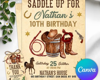 Cowboy Birthday Invitation, Cowboy Party Invitation,  Western Birthday Party Invite, Editable Canva Template