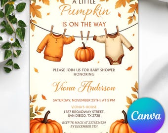 A Little Pumpkin is on The Way Baby Shower Invitation, Fall Pumpkin Baby Shower, Editable Template, Printable Invite, Books for Baby
