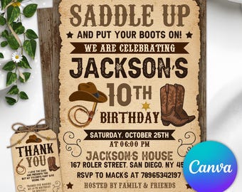 Editable Western Birthday Invitation, Cowboy Birthday Party Invitation, Country Western Invitation, Rustic Wood, Cowboy Hat and Lasso, Canva