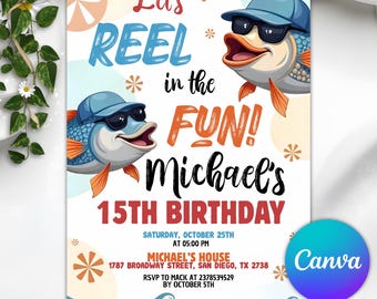 Plantilla editable de invitación de cumpleaños con temática de pesca, invitación de pesca, invitación de cumpleaños con temática de peces, ¡A pescar!, invitación de cumpleaños para niño imprimible