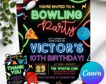 Editable Bowling Birthday Invitation, Glow Bowling Invitation, Neon Bowling Party, Boy Bowling Invite, Glow Invite, Strike Up Some Fun