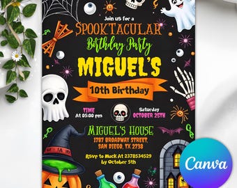 May include: Halloween-themed birthday party invitation with the text "SPOOKTACULAR Birthday Party MIGUEL'S 10th Birthday". The invitation features a black background with Halloween graphics, including skulls, bats, and a jack-o'-lantern.