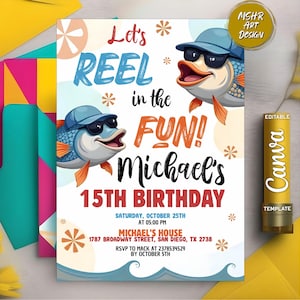 Editable Fishing Birthday Invitation Template, Fishing Invite, Fish Birthday invitation, Reel in the Fun, Boy Birthday Invitation Printable