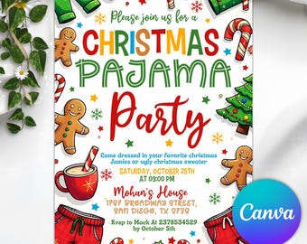 Christmas Pajama Party Invitation, Pajama Invitation, Christmas Party Invitation, Holiday Party Invite, Xmas Party, Editable Canva Template