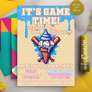 Baseball Drip Birthday Party Invitation, Digital Editable Canva Template, Baseball Ice Cream Drip Birthday Invite, Any Age, Instant Download