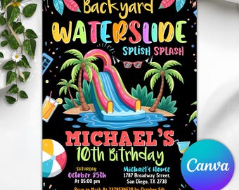 Waterglijbaan verjaardagsuitnodiging, jongen meisje splash party uitnodiging, zomer zwembadfeest, waterglijbaan bash moderne canvas sjabloon, bewerkbare afdrukbare