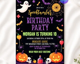 May include: A black Halloween-themed birthday party invitation featuring a white ghost, orange pumpkins, a spider web, bats, and skulls. The text reads: Join us for a Spooktacular Birthday Party, Morgan is turning 10, Saturday, October 25th, at 05:00 PM.