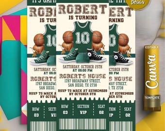 Invitación de cumpleaños con boleto de baloncesto: Fiesta deportiva (plantilla de Canva)