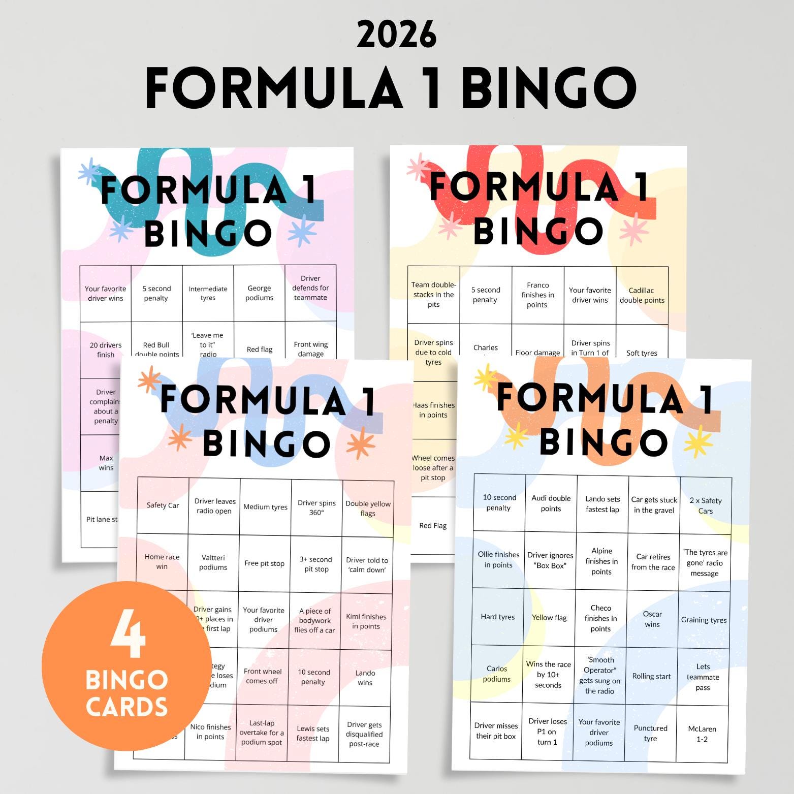 Formula 1 Bingo Cards 2026: Printable Instant Download, Personalize, F1 ...