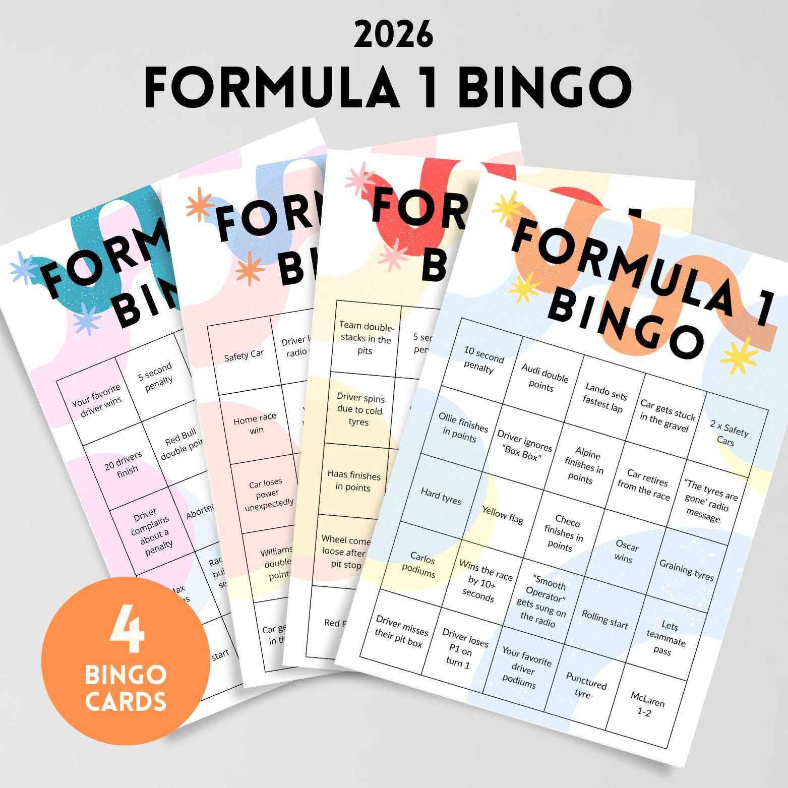 Formula 1 Bingo Cards 2026: Printable Instant Download, Personalize, F1 ...