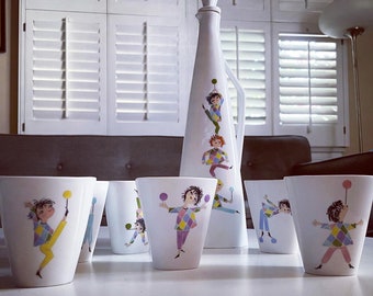 Whimsical Mid Century Modern German Decanter Set,  hand painted with Mia Lederer decor