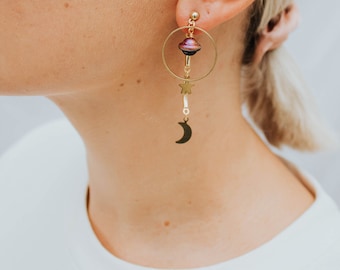 ORBIT Space earrings with planet, star and moon - front and back studs - glass, brass and gold plated - celestial astronomy inspired