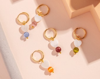 ESME Mother of pearl heart mini hoop earrings - Blue, lilac, orange, plum or olive -  Matched or mismatched - 18k Gold plated hoops