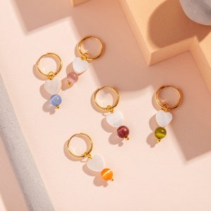 ESME Mother of pearl heart mini hoop earrings Blue, lilac, orange, plum or olive Matched or mismatched 18k Gold plated hoops image 1