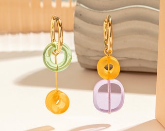 OLENA Orange, lilac and green mismatch hoop earrings - acrylic and glass vintage beads on gold plated hoops