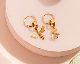 HONEY BEE hexagon hoop earrings with citrine beads - subtly mismatched pair - brass and gemstone with gold plated hoops