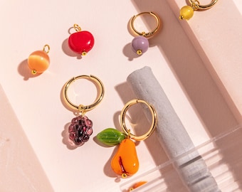 MIRANDA Fruit charm set with or without hoop earrings - glass charms and gold plated hoops - interchangeable - mini and standard size hoops