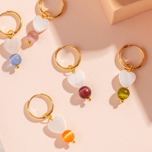 ESME Mother of pearl heart mini hoop earrings Blue, lilac, orange, plum or olive Matched or mismatched 18k Gold plated hoops image 2