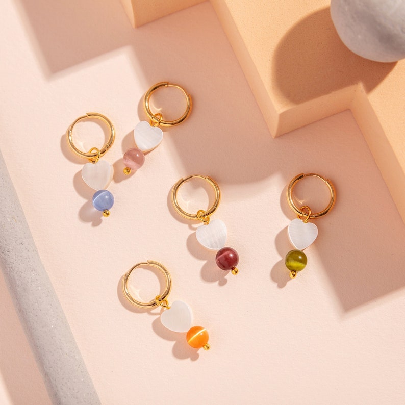 ESME Mother of pearl heart mini hoop earrings Blue, lilac, orange, plum or olive Matched or mismatched 18k Gold plated hoops image 1