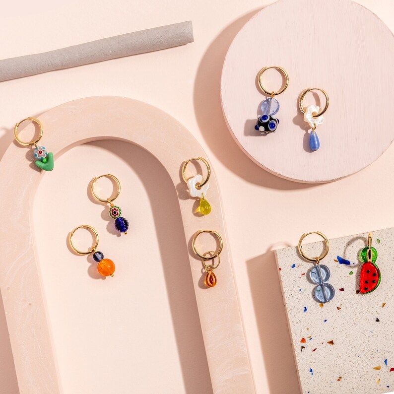 LUCKY DIP No waste charm hoop earrings colourful surplus beads on gold plated hoops sold singularly or as a matched/mismatched pair image 2