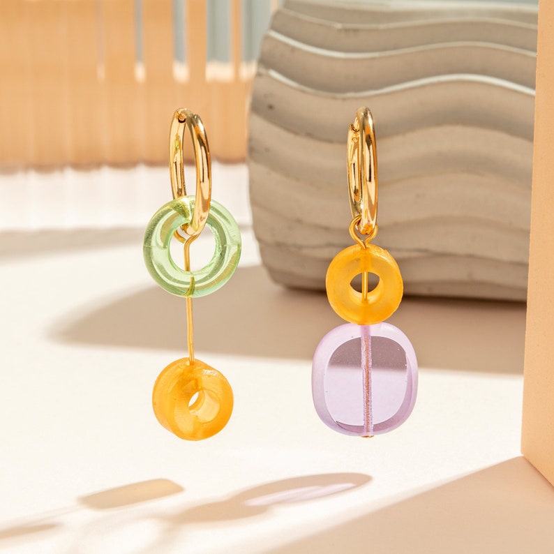 OLENA Orange, lilac and green mismatch hoop earrings acrylic and glass vintage beads on gold plated hoops image 1