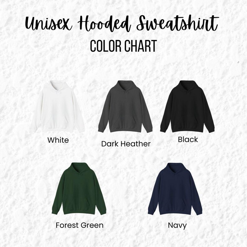 Puede incluir: Una carta de colores para sudaderas con capucha unisex. La carta muestra cinco colores diferentes: blanco, gris jaspeado oscuro, negro, verde bosque y azul marino. Cada sudadera se muestra con capucha y bolsillo delantero.