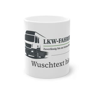 May include: White ceramic mug with a black and white truck graphic. The mug has the text "LKW-FAHRER" in green, with additional text below. The mug is a standard 325 ml size.