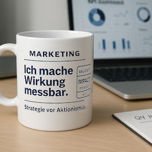 Peut inclure: Tasse en céramique blanche avec le mot "MARKETING" en haut, suivi de texte allemand et de la phrase "Strategie vor Aktionismus." Un ordinateur portable et un bloc-notes sont en arrière-plan.
