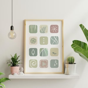 May include: A framed art print featuring a grid of twelve square designs with nature-inspired illustrations in muted green, beige, and pink tones. The artwork is displayed on a white shelf with a small potted plant and a decorative figurine.