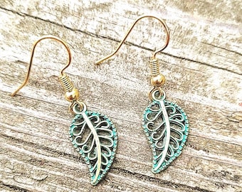 Metal green leaf earrings