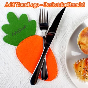 Juego de soporte para utensilios de zanahoria personalizado: funda para tenedor y cuchillo reutilizable y ecológica, vajilla de Pascua, regalo de tela no tejida con logotipo