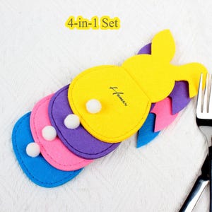 Juego de 4 portautensilios con forma de conejito personalizado: fundas para tenedores y cuchillos ecológicas personalizadas, vajilla de Pascua, regalo reutilizable no tejido